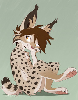 anthro big_ears brown_hair cheek_tuft closed_smile ear_tuft facial_tuft female fur green_background hair hand_on_cheek inner_ear_fluff looking_at_viewer markings mouth_closed multicolored_body nude on_ground one_leg_up pawpads pink_pawpads raised_leg short_hair short_tail side_view simple_background sitting smile solo spots spotted_body spotted_fur tail tan_body tasteful_nudity tuft two_tone_body yellow_eyes aseethe zaire_(nightdancer) felid feline lynx mammal flat_colors hi_res