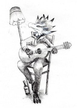 acoustic_guitar anthro barefoot biped chair claws clothed clothing feathers feet front_view fully_clothed furniture guitar holding_object lamp looking_at_viewer male musical_instrument plucked_string_instrument simple_background sitting solo string_instrument white_background wine_bottle wood wood_chair wood_furniture plive avian dinosaur feathered_dinosaur feathered_scalie prehistoric_species reptile scalie 2018 absurd_res hatching_(art) hi_res restricted_palette shaded traditional_media_(artwork)