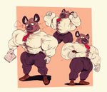 2019 3_fingers aggretsuko anthro belt beverage big_muscles blush bodily_fluids border bottomwear bulge clothed clothing dress_shirt fingers flexing footwear haida_(aggretsuko) hi_res hyena male mammal mezcal_(artist) muscular muscular_anthro muscular_male necktie nipple_outline pants paper sanrio shirt shoes simple_background solo spotted_hyena standing sweat sweat_stain tan_background tight_clothing topwear white_border
