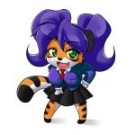 anthro big_breasts black_stripes bottomwear breasts chibi clothed clothing female fur green_eyes hair huge_breasts long_hair multicolored_body multicolored_fur open_mouth orange_body orange_fur purple_hair shirt skirt smile solo stripes topwear two_tone_body two_tone_fur white_body white_fur nekonny las_lindas tiggs felid mammal pantherine tiger 1:1