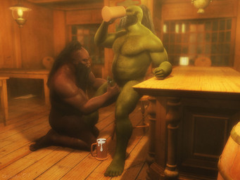 bar beard biceps big_penis bodily_fluids brown_body brown_skin container cum cup duo erection facial_hair furniture genital_fluids genitals green_body green_skin hair humanoid_genitalia humanoid_on_humanoid humanoid_penis humanoid_pointy_ears long_hair male male/male musclegut muscular muscular_male pecs penis penis_grab pointy_ears scar sex slightly_chubby table tusks corwyn humanoid orc 3d_(artwork) 4:3 digital_media_(artwork)