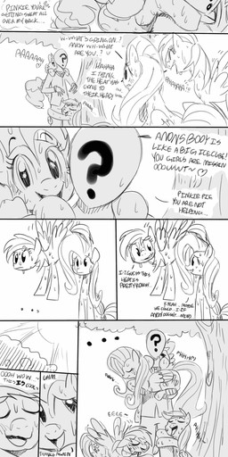 bodily_fluids clothing dialogue feathered_wings feathers female feral humor male outside plant sweat text tree wings sunibee friendship_is_magic hasbro my_little_pony mythology anon applejack_(mlp) fluttershy_(mlp) pinkie_pie_(mlp) rainbow_dash_(mlp) earth_pony equid equine horse mammal mythological_creature mythological_equine pegasus pony 2012 absurd_res comic english_text hi_res long_image monochrome tall_image