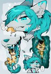 ambiguous_gender anthro bodily_fluids breath canid canine duo extreme_size_difference female gulp_(sound_effect) hair hi_res mammal saliva sharp_teeth size_difference swallowing tail tail_motion tailwag teal_hair teal_insides teal_nose teeth tianhua vore