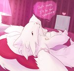 6_nipples 6_tails animal_genitalia anthro balls bed big_balls bigender dialogue fully_sheathed fur furniture genitals heart_pillow lamp looking_at_viewer lying lying_on_bed male multi_nipple multi_tail nipples on_bed pillow ribbons sheath solo tail white_body white_fur himerosthegod milk_and_honey_(himeros) hi_res