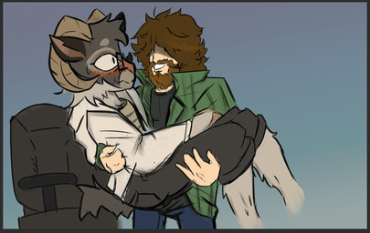 anthro beard blush border bridal_carry brown_body brown_fur brown_hair carrying_another carrying_partner chair clothing duo eyewear facial_hair fur furniture glasses grey_border hair hidden_eyes horn human_on_anthro interspecies jacket looking_at_another looking_at_partner male male/male male_on_anthro male_on_human smile smiling_at_another smiling_at_partner tail topwear wide_eyed ironwill coda_(vn) rori_stamper_(coda) bighorn_sheep bovid caprine human mammal sheep
