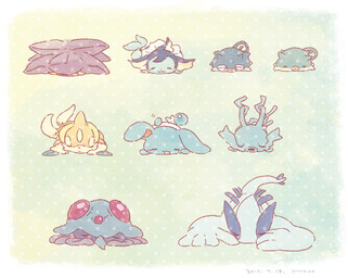 2_tails ambiguous_gender blue_body eyes_closed feral fur green_background grey_body grey_tentacles group lying multi_tail on_front orange_body orange_fur simple_background sleeping tail tentacles white_body yura_inaho nintendo pokemon azumarill eeveelution floatzel generation_1_pokemon generation_2_pokemon generation_4_pokemon kingdra legendary_pokemon lugia pokemon_(species) qwilfish starmie tentacruel vaporeon 2015 dated painting_(artwork) watercolor_(artwork)