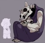 anterior_nasal_aperture asriel_dreemurr bodily_fluids bone boss_monster_(undertale) bovid caprine child clothing creepy crying death digital_media_(artwork) duo ghost goat grey_background heart_symbol holding_object horn looking_at_viewer mammal purple_clothing red_eyes sidotama simple_background skeleton skull soul soul_devouring_eyes spirit tears toriel undead undertale undertale_(series) unknown_(disambiguation) young