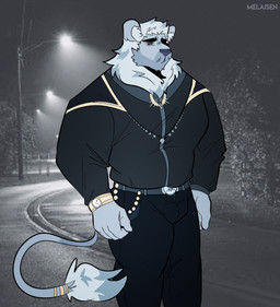 accessory anthro barazoku belt black_bottomwear black_clothing black_eyebrows black_pants blue_belt blue_body blue_clothing blue_fur blue_jacket blue_nose blue_tail blue_tail_tuft blue_topwear bottomwear cheek_tuft clock clothed clothed_anthro clothed_male clothing eyebrows facial_tuft fully_clothed fully_clothed_anthro fully_clothed_male fur furgonomics inner_ear_fluff jacket jewelry light_body light_fur light_inner_ear_fluff light_mane male male_anthro mane mouth_closed muscular muscular_anthro muscular_male pants photo_background ring solo standing street_lamp tail tail_accessory tail_jewelry tail_ring tail_tuft text topwear tuft watch yellow_wristband melaisen felid lion mammal pantherine 2023 absurd_res artist_name character_name english_description hi_res mixed_media photography_(artwork) portrait three-quarter_portrait