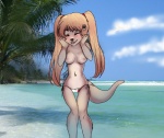 anthro beach bikini biped black_nose blonde_hair blush breasts clothed clothing cloud detailed_background eyes_closed female hair leaf long_hair navel nipples outside plant scenery seaside skimpy sky solo standing star swimwear tail tight_clothing topless tree two-piece_swimsuit water wood laara mammal mustelid otter