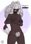 anthro big_breasts black_nipples breasts brown_body brown_fur dialogue female front_view fur genitals gesture hair hair_over_eyes heart_gesture heart_symbol looking_at_viewer nipples nude open_mouth oppai_heart pubes pussy solo standing white_hair sheepsause deidra_(homosheep) bovid canid canine canis caprine hybrid mammal sheep wolf hi_res