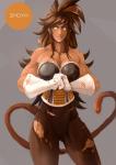 2016 absurd_res amber_eyes animal_humanoid armor battle_armor blood bodily_fluids breasts brown_hair cleavage clothed clothing cracking_knuckles dragon_ball english_text fan_character female gloves hair handwear hi_res humanoid imoya mammal mammal_humanoid monkey_humanoid monkey_tail mothmandraws muscular muscular_female muscular_humanoid portrait primate primate_humanoid saiyan scar solo text three-quarter_portrait torn_clothing