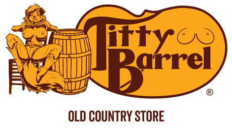 anthro areola barrel belt bent_legs big_breasts boots bottomwear breasts buckle chair clothing cowboy_boots female flashing flashing_breasts fluffy fluffy_tail footwear furniture gesture hair happy humor logo long_hair nipples open_mouth pose shoes shorts sitting solo spread_legs spreading suggestive suggestive_gesture tail text privatelounge cracker_barrel canid canine mammal english_text hi_res pinup