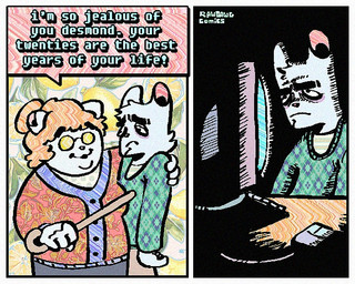 2_panel_comic anthro cane cheek_tuft clothing computer dialogue duo electronics eyewear facial_tuft glasses hair half-closed_eyes humor khakis male narrowed_eyes orange_hair smile speech_bubble sweater text toony topwear tuft white_hair rawdawgcomics desmond_(rawdawgcomics) domestic_cat felid feline felis mammal 5:4 comic english_text