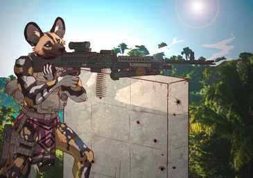 anthro armor bipod blue_eyes blue_sky bottomwear brown_body brown_fur bullet_hole bulletproof_vest clothed clothing eyebrows forest fur gun handgun holding_gun holding_object holding_ranged_weapon holding_weapon holster holstered_pistol jungle loincloth m240 machine_gun male male_anthro outside pistol plant ranged_weapon sky smile smoking_gun solo sun tactical_gear topwear tree wall_(structure) weapon unknown_artist yecahoo african_wild_dog canid canine mammal digital_media_(artwork) hi_res