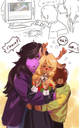 anthro blonde_hair brown_body brown_fur brown_hair computer electronics female freckles fur group hair hug male purple_body simple_background text trio white_background meltsmelts deltarune ifunny undertale_(series) kris_dreemurr noelle_holiday susie_(deltarune) deer human mammal new_world_deer reindeer scalie 2025 hi_res nonbinary_(lore)