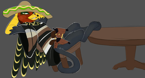 belt chair clothing cowboy crossed_legs feral furniture gun handgun hat headgear headwear leaning leaning_backward male paws pistol poncho ranged_weapon simple_background smile smirk solo sombrero table tail weapon wings villegreen hasbro my_little_pony mythology anatid anseriform avian bird duck felid feline gryphon mammal mythological_avian mythological_creature hi_res