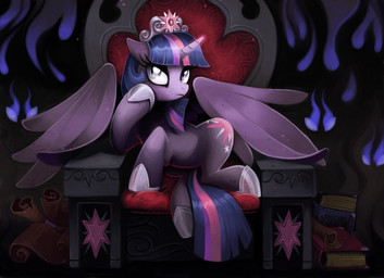 book chair crown cutie_mark feathered_wings feathers female feral fire fur furniture grey_eyes hair headgear horn long_hair looking_at_viewer multicolored_hair princess pupils purple_body purple_feathers purple_fur purple_hair rock royalty scroll sitting slit_pupils solo stone_carving stone_work tail throne two_tone_hair wings isseus friendship_is_magic hasbro my_little_pony mythology twilight_sparkle_(mlp) equid equine horse mammal mythological_creature mythological_equine pony winged_unicorn absurd_res hi_res