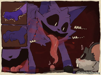 anthro black_sclera buckteeth duo fur genitals grey_body male male/male open_mouth penis simple_background smile tail teeth text notsafeforwanking mob_entertainment nightmare_critters poppy_playtime smiling_critters catnap_(poppy_playtime) touille_(poppy_playtime) canid canine canis domestic_cat felid feline felis mammal murid murine rat rodent 2024 digital_media_(artwork) hi_res