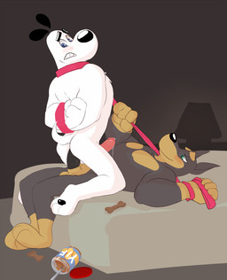 anal anal_penetration anthro balls bed blue_eyes bodily_fluids bound butt collar cowgirl_position duo erection food from_front_position furniture genital_fluids genitals green_eyes hands_behind_back humanoid_genitalia humanoid_penis inside leash lying male male/male male_on_bottom male_on_top male_penetrated male_penetrating male_penetrating_male nude on_back on_bed on_bottom on_top peanut_butter penetration penis precum sex straddling submissive submissive_male seth-iova nickelodeon t.u.f.f._puppy dudley_puppy canid canine canis dobermann domestic_dog mammal pinscher digital_media_(artwork)