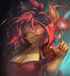 anthro breasts cleavage clothed clothing female fire gradient_background jacket red_clothing red_topwear simple_background smile smirk solo topwear visor yellow_eyes 9livestogo dansyron mammal 2020 absurd_res hi_res