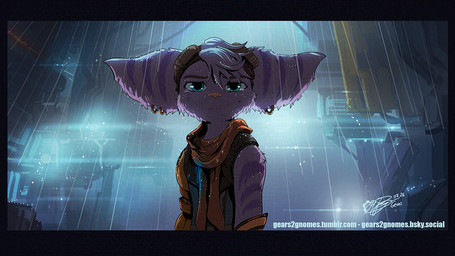 anthro arm_stripes atmospheric big_ears blue_body blue_eyes bodysuit clothing cybernetic_arm cybernetic_limb cyberpunk ear_piercing ear_ring ear_stripes eyewear eyewear_on_head female fur goggles goggles_on_head head_tuft moody piercing pink_nose prosthetic prosthetic_arm prosthetic_limb raining ring_piercing robotic_arm scarf skinsuit solo striped_body stripes tight_clothing tuft water wet wet_body wet_clothing wet_fur gears2gnomes ratchet_and_clank sony_corporation sony_interactive_entertainment rivet_(ratchet_and_clank) lombax mammal 16:9 2026 dated signature widescreen