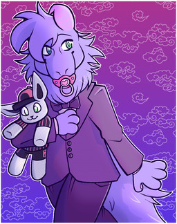 ageplay anthro baseball_uniform black_tie_(suit) border bow_(feature) bow_in_front bow_tie clothing costume formal heterochromia holding_object holding_plushie horn infantilism male object_in_mouth pacifier pacifier_in_mouth plushie purple_body roleplay solo sportswear suit uniform white_border wiprogress burbur_(wiprogress) lagomorph leporid mammal rabbit squirmle worm
