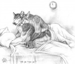 anthro anthro_on_anthro bed bed_sheet bedding biceps blanket bottomless claws clock clothed clothing convenient_censorship cuddling dialogue duo fangs fur furniture lying male male/male muscular nude on_front pillow romantic romantic_couple sex smile suggestive teeth text topless blotch canid canine canis domestic_dog fox husky mammal nordic_sled_dog spitz 2008 censored english_text greyscale monochrome sketch