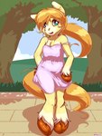 anthro blue_eyes blue_sky blush breasts clothed clothing cloud day detailed_background dipstick_ears dress ear_markings feathering female front_view fur glistening glistening_eyes hair hoof_hands hooves legs_together long_tail looking_at_viewer multicolored_ears off_shoulder open_mouth orange_hair orange_hooves outside pink_clothing pink_dress plant pose sky small_breasts solo standing tail tree young young_anthro maverick sunny_(maverick) equid equine horse mammal pony 2021 3:4 full-length_portrait hi_res portrait