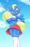 anthro blonde_hair blue_body blue_fur blush breasts cheerleader cleavage clothed clothing cloud female fur hair heart_symbol legwear looking_at_viewer low-angle_view one_eye_closed pom_poms purple_eyes sky smile solo standing teeth thick_thighs tongue tongue_out under_boob wide_hips wink huwon parappa_the_rapper sony_corporation sony_interactive_entertainment um_jammer_lammy katy_kat domestic_cat felid feline felis mammal hi_res