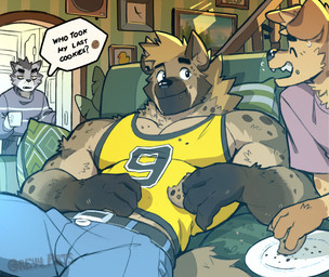 anthro belt biceps big_muscles black_eyes blue_bottomwear blue_clothing blue_jeans blue_pants bodily_fluids bottomwear claws clothed clothed_anthro clothing container cookie crumbs_on_face cup denim denim_bottomwear denim_clothing detailed_background ear_piercing eating eyebrows eyes_closed finger_claws food fully_clothed fully_clothed_anthro furniture group grumpy holding_object inner_ear_fluff jeans looking_at_another male mug muscular muscular_male on_sofa pants pecs picture_frame piercing pillow plant plate raised_eyebrows shirt sitting sitting_on_sofa smile sofa sweat sweatdrop tank_top topwear trio tuft greyy hyena mammal spotted_hyena 2025 absurd_res hi_res signature