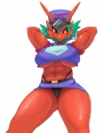 anthro big_breasts bottomwear breasts brown_eyes clothed clothing cosplay female front_view green_hair hair hands_behind_head hat headgear headwear highleg midriff miniskirt muscular muscular_anthro muscular_female non-mammal_breasts panties pokemorph police police_uniform pose simple_background skimpy skirt smile solo thick_thighs thong thong_straps under_boob underwear uniform upskirt white_background punkinillus nintendo pokemon officer_jenny avian blaziken generation_3_pokemon pokemon_(species)