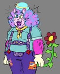 afro alternate_form anthro anthrofied bottomwear breasts clothing curled_hair eyelashes fangs female flower fur gloves hair handwear hat headgear headwear heterochromia leaf lederhosen lips markings neckwear open_mouth open_smile overweight overweight_anthro pink_body pink_fur plant shirt smile solo spots spotted_body spotted_fur suspenders tail teeth thick_bottom_lip topwear whiskers jellyaibo don't_hug_me_i'm_scared yumpherdinker felid feline imaginary_friend mammal colorful_theme