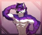 abs anthro armpit_hair biceps biped black_hair black_nose body_hair chest_tuft clothed clothing ear_piercing flexing fur hair looking_at_viewer male multicolored_body multicolored_fur muscular muscular_anthro muscular_male naughty_face nipples pecs piercing purple_body purple_eyes purple_fur purple_hair rope smile solo standing teeth topless tuft white_body white_fur sorakirbys shyloc canid canine canis fox hybrid mammal wolf 2016