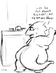 after_transformation anthro bathroom big_butt breasts buckteeth butt convenient_censorship female implied_gender_transformation implied_transformation inside mirror nipples nude oblivious overweight overweight_anthro overweight_female short_stack shrunk side_boob sink slightly_chubby solo tail teeth text tf_into_fictional_character thick_tail thick_thighs unaware_transformation waking_up wide_hips kimochitsuki undertale_(series) alphys scalie black_and_white english_text hi_res monochrome