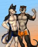 abs anthro biceps black_body black_clothing black_fur black_nose black_underwear blue_clothing blue_eyes blue_underwear boxer_briefs bulge clothed clothing duo flexing fur grey_body grey_fur looking_at_viewer male male/male muscular navel neck_muscles orange_clothing orange_underwear pecs smile standing tail topless underwear white_body white_clothing white_fur white_underwear yellow_eyes vallhound exile_(stormwolff) stormwolff canid canine canis mammal mustelid otter wolf 2016 digital_media_(artwork) hi_res watermark