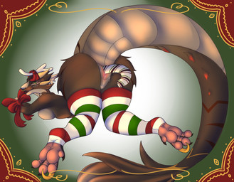 4_eyes 4_horns animal_genitalia anthro bdsm big_breasts big_butt big_tail biped bodily_fluids bondage bound breasts brown_body brown_fur butt candy candy_cane candy_cane_in_cloaca candy_cane_insertion christmas_clothing christmas_headwear claws clitoris clitoris_piercing cloaca clothing dessert facial_piercing female food food_fetish food_insertion food_play footwear fur genital_fluids genital_piercing genitals hands_tied hat headgear headwear holidays horn improvised_sex_toy legwear looking_at_viewer looking_back lying masturbation multi_eye multi_horn nipples nose_piercing nose_ring nude penetration piercing presenting presenting_hindquarters restraints ring_piercing scales sickle_claw simple_background smile socks solo stockings submissive tail toe_claws nelly's_illustrations christmas dungeons_and_dragons hasbro mythology wizards_of_the_coast dragon dragonborn_(dnd) felid feline felis hybrid mammal mythological_creature mythological_scalie scalie tabaxi absurd_res digital_media_(artwork) hi_res