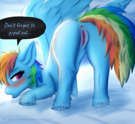 anus bedroom_eyes bent_over big_tail blue_body blue_fur blush bodily_fluids butt cloud cutie_mark dialogue eyelashes female feral fur genital_fluids genitals hair hooves looking_at_viewer looking_back mane mane_hair multicolored_hair multicolored_tail narrowed_eyes outside pink_eyes presenting presenting_anus presenting_hindquarters presenting_vulva pull_out_request rainbow_hair raised_tail rear_view saliva seductive sky skyscape solo tail text tongue vaginal_fluids vulva wings stellaamoris friendship_is_magic hasbro my_little_pony mythology rainbow_dash_(mlp) equid equine horse mammal mythological_creature mythological_equine pegasus pony english_text hi_res