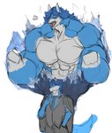 alternate_form anthro big_muscles blue_hair bottomwear clothing fire hair huge_muscles hyper hyper_muscles male muscular muscular_anthro muscular_male necktie open_mouth pants simple_background solo suit white_background marvolk mark_(marvolk) canid canine canis mammal wolf 2020 absurd_res colored_sketch hi_res sketch