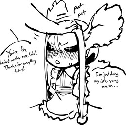 ambiguous_gender anthro black_sclera blush bodily_fluids clothing cross_pupils duo embarrassed female flat_chested headpat maid_apron maid_uniform master mouse_ears notched_ear open_mouth petting pupils simple_background snout sweat sweatdrop text uniform unusual_pupils white_background kaibootsu colo_(kaibootsu) demon human mammal mouse murid murine rodent 2023 digital_media_(artwork) english_text hi_res monochrome portrait sketch three-quarter_portrait