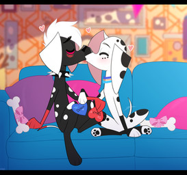 black_body black_fur black_nose black_spots blue_collar blue_sofa collar countershade_tail countershading duo eyes_closed female feral floppy_ears fur furniture hair kiss_on_lips kissing leg_markings male markings orange_collar pillow pink_inner_ear pink_pillow purple_pillow red_paws socks_(marking) sofa spiked_collar spikes spots tail toony white_body white_ears white_fur white_hair white_spots white_tail higglytownhero 101_dalmatian_street 101_dalmatians disney demon_(darkdemon) dolly_(101_dalmatians) canid canine canis dalmatian domestic_dog mammal