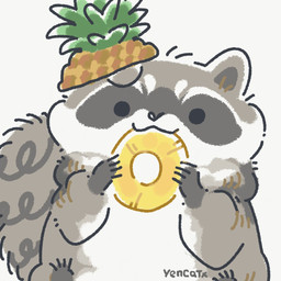 black_eyes black_nose chibi dot_eyes eating feral food fruit grey_body pineapple plant simple_background simple_eyes sitting solo white_body yencatx mammal procyonid raccoon 1:1 2022