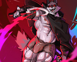 abs anthro arm_wraps barazoku biceps big_bulge big_muscles boxer_briefs bulge claws cloak clothed clothing detailed_bulge dutch_angle fur gesture hand_gesture holding_object holding_weapon huge_bulge huge_muscles male muscular muscular_anthro muscular_male navel nipples obliques open_mouth open_smile pecs pink_background pointing pointing_at_viewer quads red_eyes sickle simple_background smile solo standing teeth thick_thighs tongue topless topless_anthro topless_male tuft underwear weapon wraps vorusuarts dreamworks puss_in_boots_(franchise) death_(puss_in_boots) canid canine canis mammal wolf 2023 5:4 hi_res