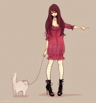 biped boots clothed clothing duo female feral footwear high_heeled_boots high_heels leash legwear shoes simple_background stockings stripy tail tan_background unimpressed takenaka domestic_cat felid feline felis human mammal