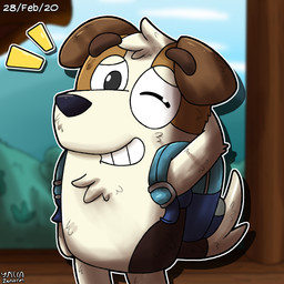 anthro backpack brown_body brown_fur chest_tuft detailed_background floppy_ears fluffy fluffy_tail fur male one_eye_closed rubbing_head smile solo standing tail tuft zandermanith bluey_(series) jack_russell_(bluey) canid canine canis domestic_dog hunting_dog jack_russell_terrier mammal terrier 1:1 2020 digital_media_(artwork) hi_res signature