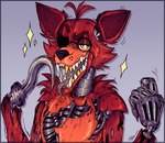 ambiguous_gender anthro exposed_endoskeleton fur gold_(metal) gold_tooth hook hook_hand looking_at_viewer machine metallic_body red_body red_fur simple_background solo yellow_eyes srpayt0n five_nights_at_freddy's scottgames foxy_(fnaf) animatronic canid canine fox mammal robot 2022 digital_media_(artwork)