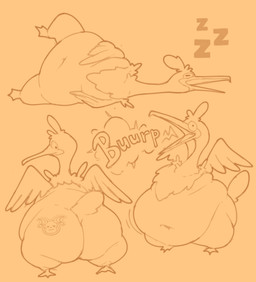 ambiguous_gender belly big_belly burping butt digestion duo navel simple_background sleeping sticker vore wings watagenodebi nintendo pokemon avian bird cramorant generation_1_pokemon generation_8_pokemon pokemon_(species) raichu hi_res sequence
