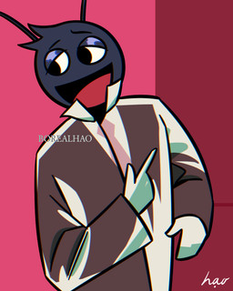 accessory antennae_(anatomy) anthro brown_clothing brown_jacket brown_topwear business_suit clothing collared_shirt gesture hand_gesture jacket long_sleeves male necktie open_mouth parody raised_finger shirt simple_background smile solo suit text topwear white_clothing white_shirt white_topwear borealhao american_psycho lamapola lato_(lamapola) patrick_bateman arthropod insect invertebrate 4:5 artist_name digital_media_(artwork) hi_res portrait signature