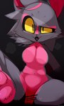 anthro black_background black_sclera bodily_fluids breasts breath censor_bar cheek_tuft cowlick facial_tuft fangs featureless_breasts feet female fluffy front_view glistening glistening_eyes grey_body grey_ears grey_markings hair ineffective_censorship light markings navel open_mouth pawpads pink_body pink_feet pink_inner_ear pink_markings pink_pawpads pink_tongue pupils shadow simple_background snout solo sweat sweatdrop teeth text tongue tuft vignette yellow_eyes presto_(artist) shaw_(presto) bat mammal 2022 artist_name censored digital_media_(artwork) english_text hi_res