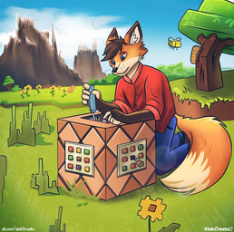 anthro clothing command_block engineering flower grass jacket male mountain_background plant screwdriver solo text tools topwear xleb0rezka microsoft minecraft mojang xbox_game_studios arthropod bee canid canine domestic_pig fox hymenopteran insect mammal suid suine sus_(pig) digital_media_(artwork) hi_res url