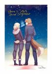 anthro blonde_hair canid canine canis clothed clothing comic domestic_dog duo english_text femboy gesture hair hand_holding hand_on_hand hi_res ken_(salkitten) lagomorph leporid male mammal mustachemutt outside rabbit shou_(salkitten) snow tail text